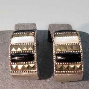 Vintage 925 Sterling Silver Black Onyx MOP & Marcasite J Hoop Earrings